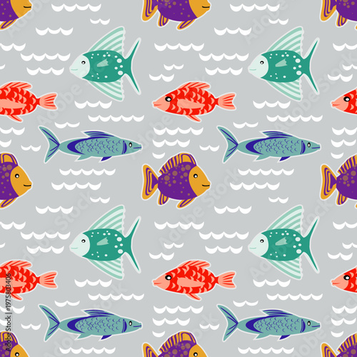 Vector - fishes in stormy water seamless pattern.
