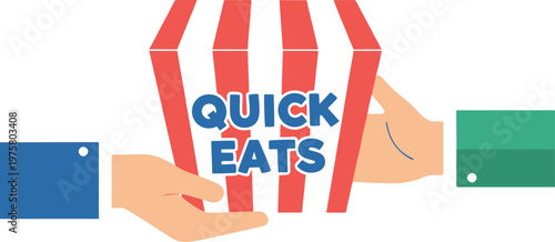 Hands holding red striped quick eats food box with credit cards and globe