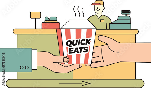 Hands exchanging quick eats food container at fast food counter