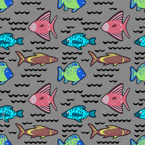 Vector - fishes in stormy water seamless pattern.