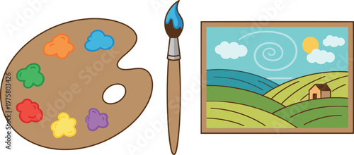 Colorful painting hobby illustration with palette, brush, and landscape artwork