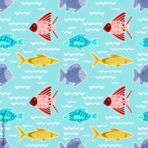 Vector - fishes in stormy water seamless pattern.