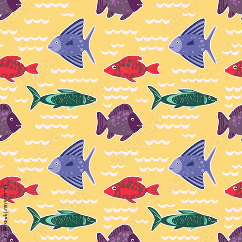 Vector - fishes in stormy water seamless pattern.