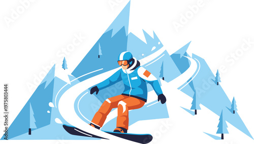 snowboarder in motion on snowy mountain slope