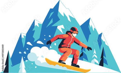 snowboarder in orange gear riding down snowy mountain slope