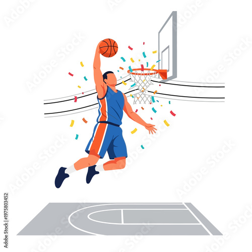 Basketball player performing a slam dunk with confetti, dynamic action illustration