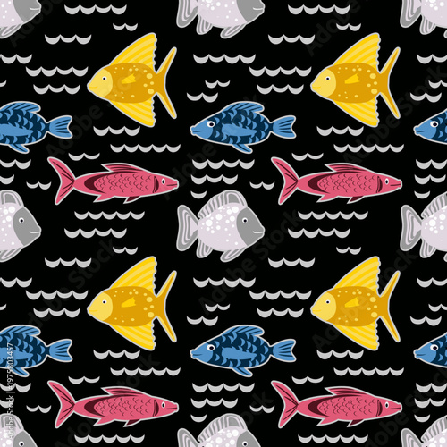 Vector - fishes in stormy water seamless pattern.