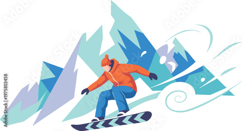 snowboarder in motion with mountain landscape