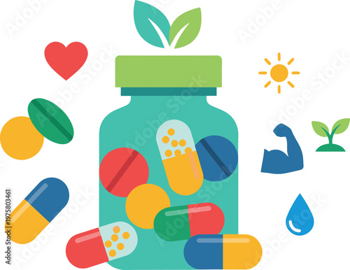 Vibrant health and vitality concept with pills and supplements