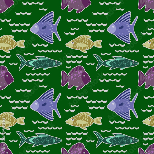 Vector - fishes in stormy water seamless pattern.