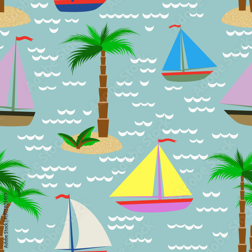 Vector - see scape with sail boats and palm trees seamless pattern.
