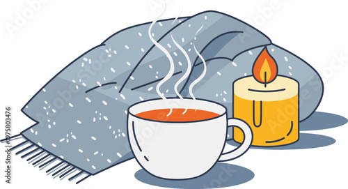 Cozy winter scene with steaming cup of tea, candle, and blanket