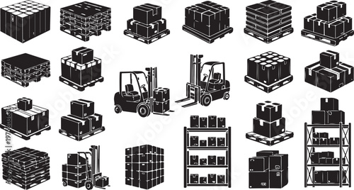 Warehouse Storage and Logistics Icons with Forklift and Crates