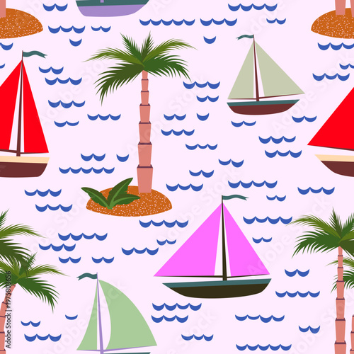 Vector - see scape with sail boats and palm trees seamless pattern.
