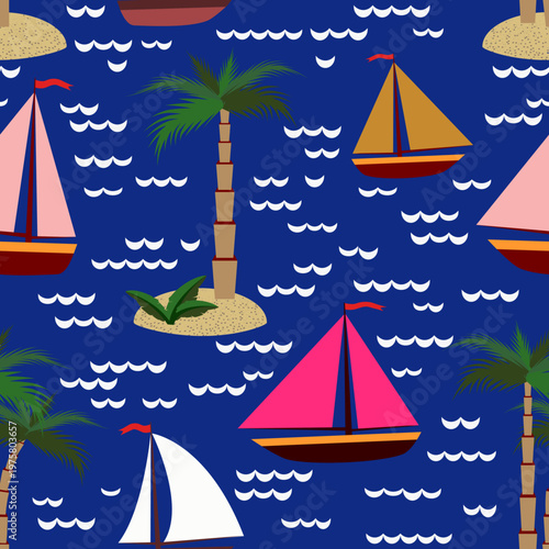 Vector - see scape with sail boats and palm trees seamless pattern.
