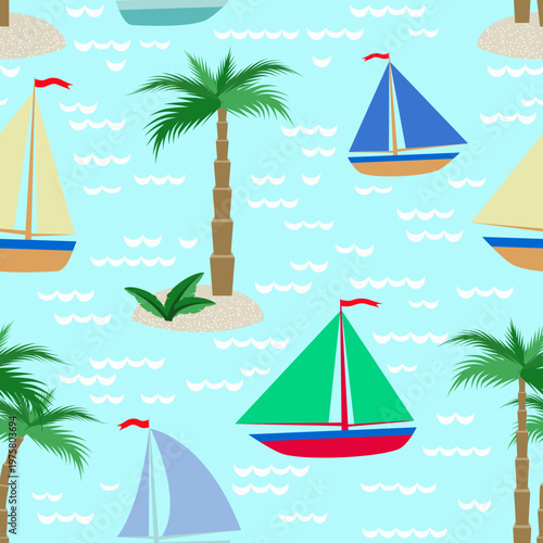 Vector - see scape with sail boats and palm trees seamless pattern.
