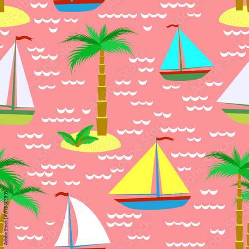 Vector - see scape with sail boats and palm trees seamless pattern.
