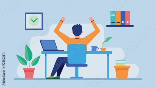 Remote worker, happy office, business success, flat design