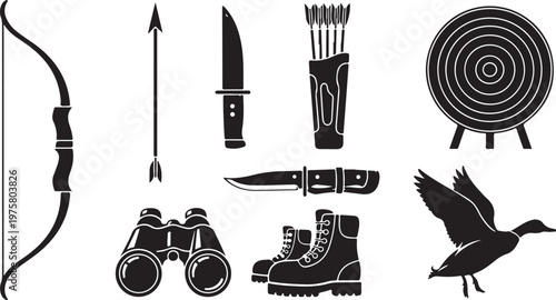 Hunting and outdoor adventure icons and equipment set collection