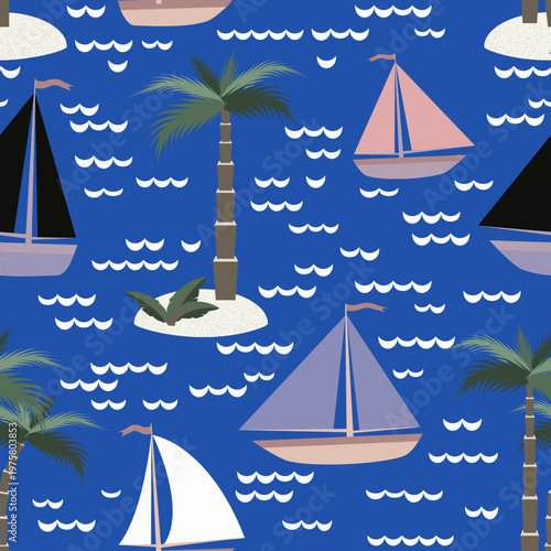 Vector - see scape with sail boats and palm trees seamless pattern.
