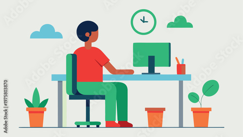 Office worker, sitting, desk, computer, green, modern, flat design