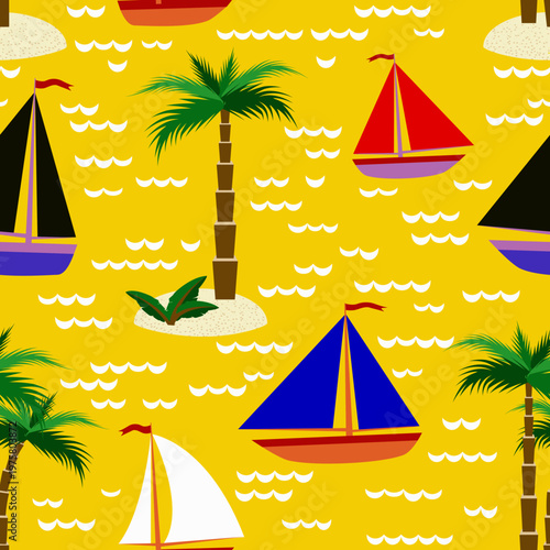 Vector - see scape with sail boats and palm trees seamless pattern.
