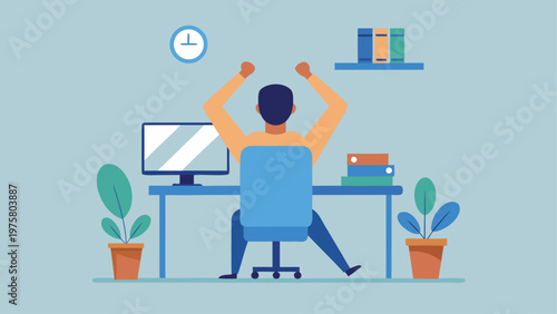 Businessman celebrating success at desk, office victory, workplace achievement, vector illustration