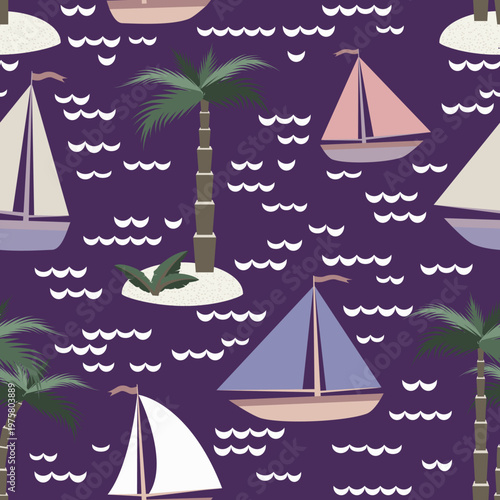 Vector - see scape with sail boats and palm trees seamless pattern.
