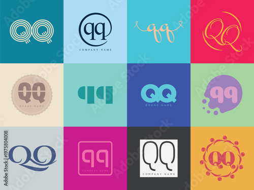QQ logo company template. Letter q and q logotype. Set different classic serif lettering and modern bold text with design elements. Initial font typography.