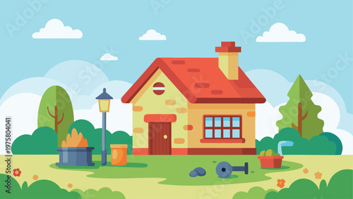 Suburban home, house exterior, yard, garden, colorful illustration