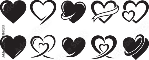 Set of black and white heart symbols and icons