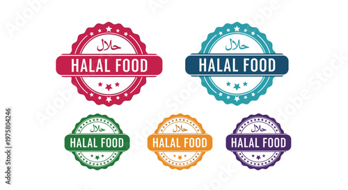 Group of five Halal Food certification badges in various vibrant colors featuring Arabic script and star decorations on a plain white background.