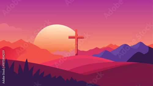 Cross, Sunset, Mountains, Landscape, Christian Symbol