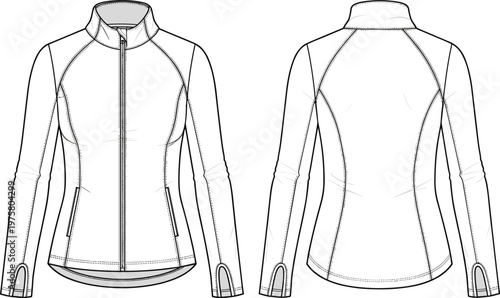 Women’s fitted jacket technical flat sketch, fashion design template, garment construction drawing, apparel illustration front and back view, activewear outerwear