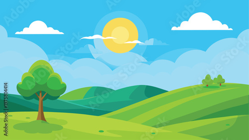 Cartoon landscape, green hills, sunny day, blue sky