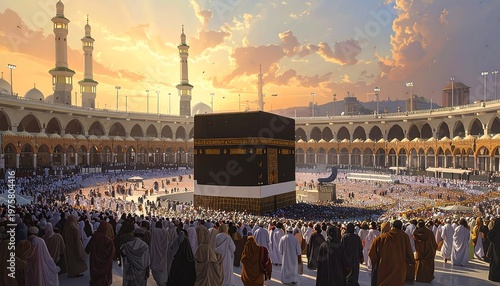 A large crowd of people gathered around a cube-shaped building