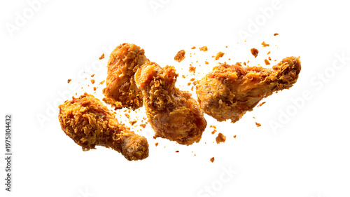 Crispy fried chicken drumsticks and wings flying fast motion