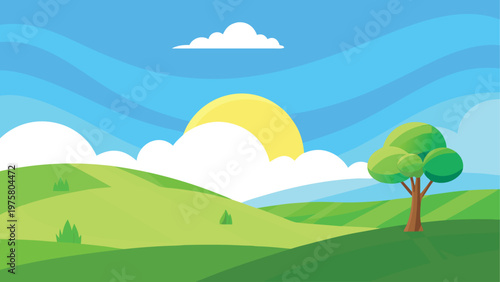Cartoon landscape, green hills, sunny day, vector illustration