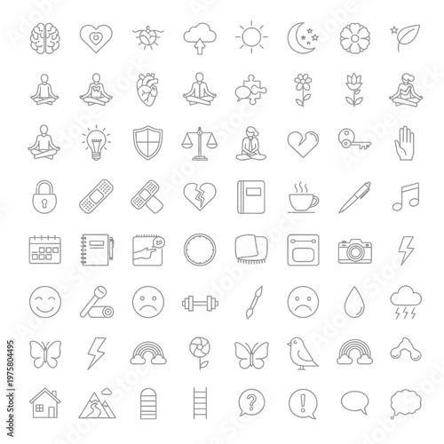 A collection of minimalist line art icons representing various aspects of health, wellness, and daily life