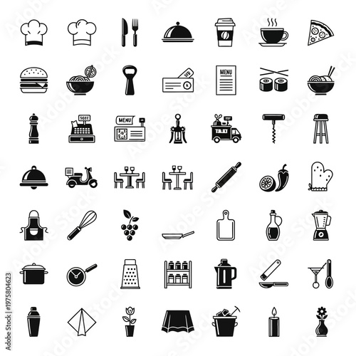 A collection of black and white restaurant icons and symbols for design and branding purposes