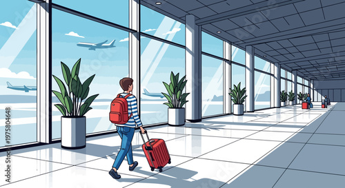 Man walking with red luggage airport.