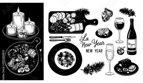 Vintage chalk New Year set – Christmas dinner table, candles, wine and festive menu elements