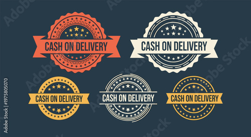 Set of five Cash on Delivery service badges in different colors featuring a vintage distressed texture and star icons for ecommerce trust signals.