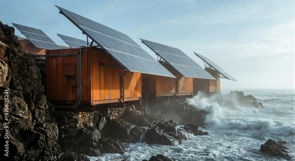 Fototapeta premium Solar architecture modular units sit on rocky cliffs with solar roofs for renewable energy overlooking misty ocean waves