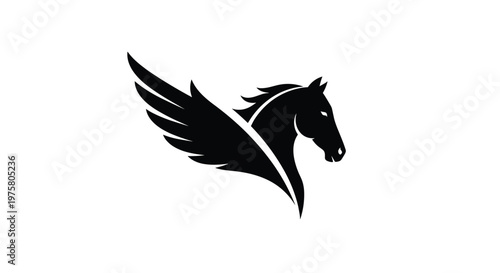 Powerful black silhouette of a winged pegasus horse head in profile view isolated on a white background for mythological or branding logo design.