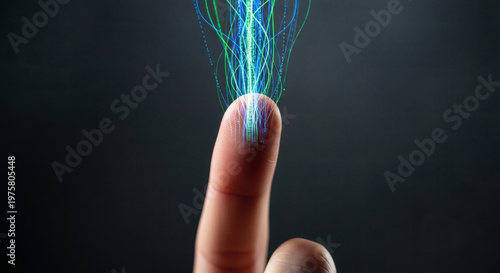 Human finger emitting a vibrant burst of blue and green light, symbolizing digital interaction, technological power, and the energetic connection of touch