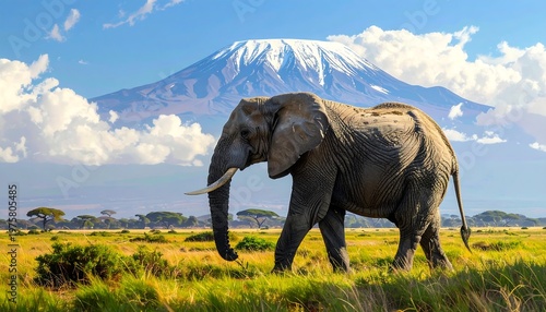 A large elephant stands in a grassy field with a snow-capped mountain