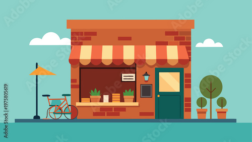 Colorful storefront, brick shop, awning, vector illustration, retail design