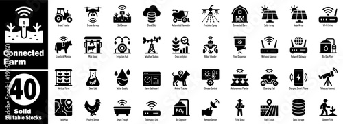 Connected farm: Solid black icons for smart farming and connected agriculture data.