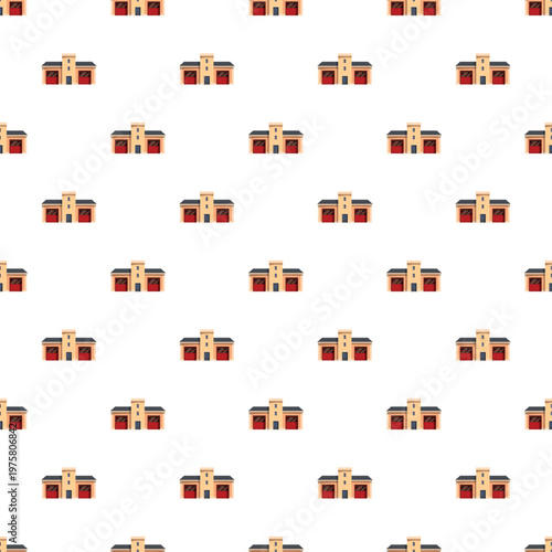 Fire station building icons repeating in a colored seamless pattern